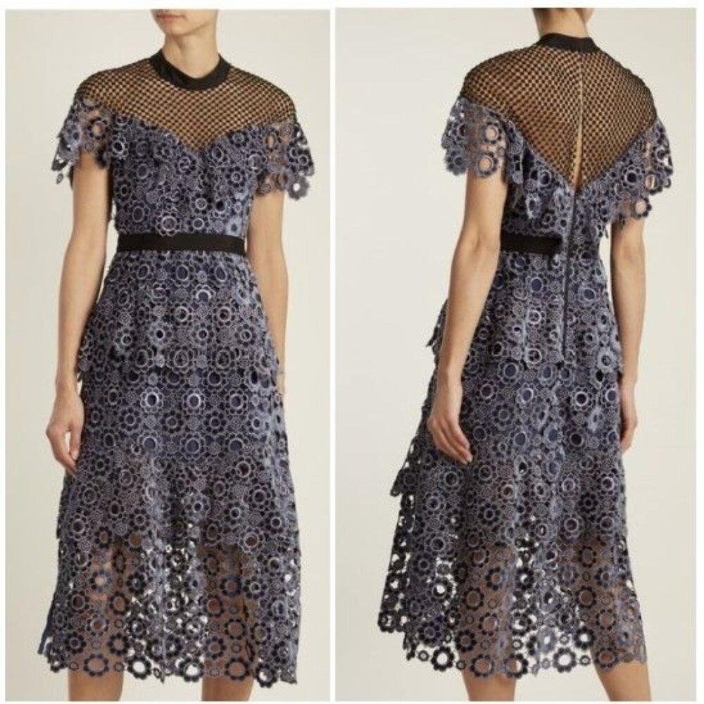Self-Portrait Yoke Frill Guipure Lace Midi Cocktail Dress Floral Cut Outs Size 8